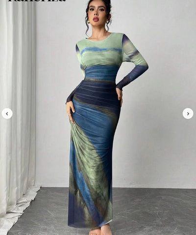 TORINA - Vestido Maxi Bodycon de Manga Larga Impreso y Cuello Redondo Cómodo