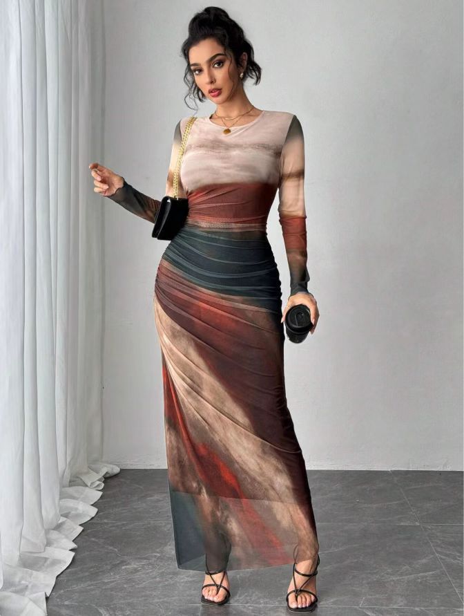 TORINA - Vestido Maxi Bodycon de Manga Larga Impreso y Cuello Redondo Cómodo