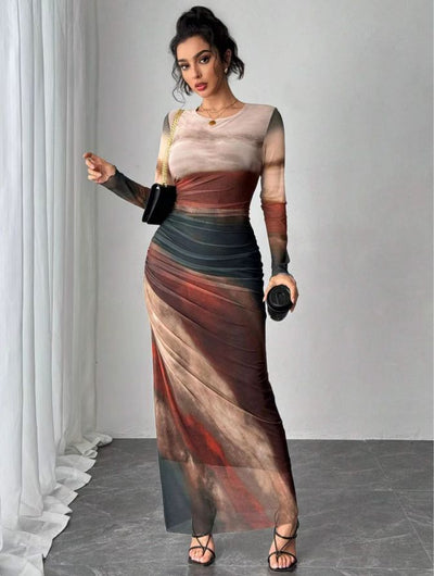 TORINA - Vestido Maxi Bodycon de Manga Larga Impreso y Cuello Redondo Cómodo