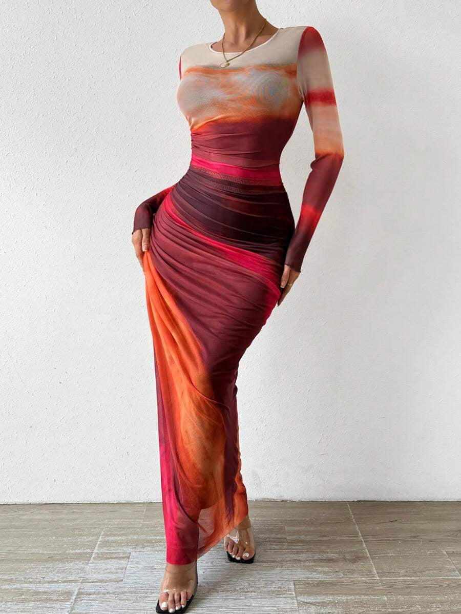 TORINA - Vestido Maxi Bodycon de Manga Larga Impreso y Cuello Redondo Cómodo